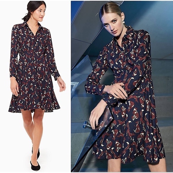 KATE SPADE Fox Print Smocked Long Sleeve Pippa Middleton Shift Shirt Dress 4‎ - Picture 1 of 14